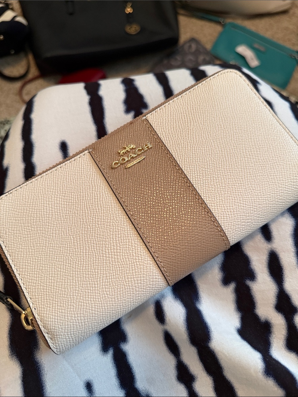 Coach Cream and Tan Zip-Around Pebble Leather Wallet
